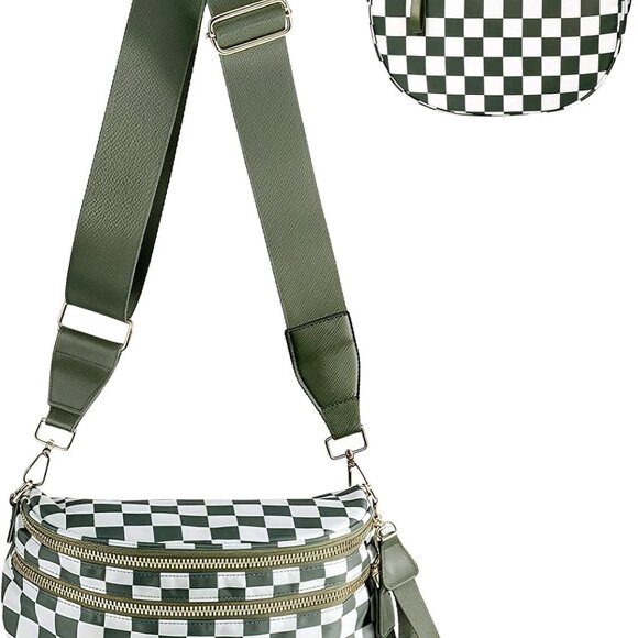 Large Green Checkered Nylon Crossbody Fanny Pack for Women with Adjustable Strap - Picture 1 of 6
